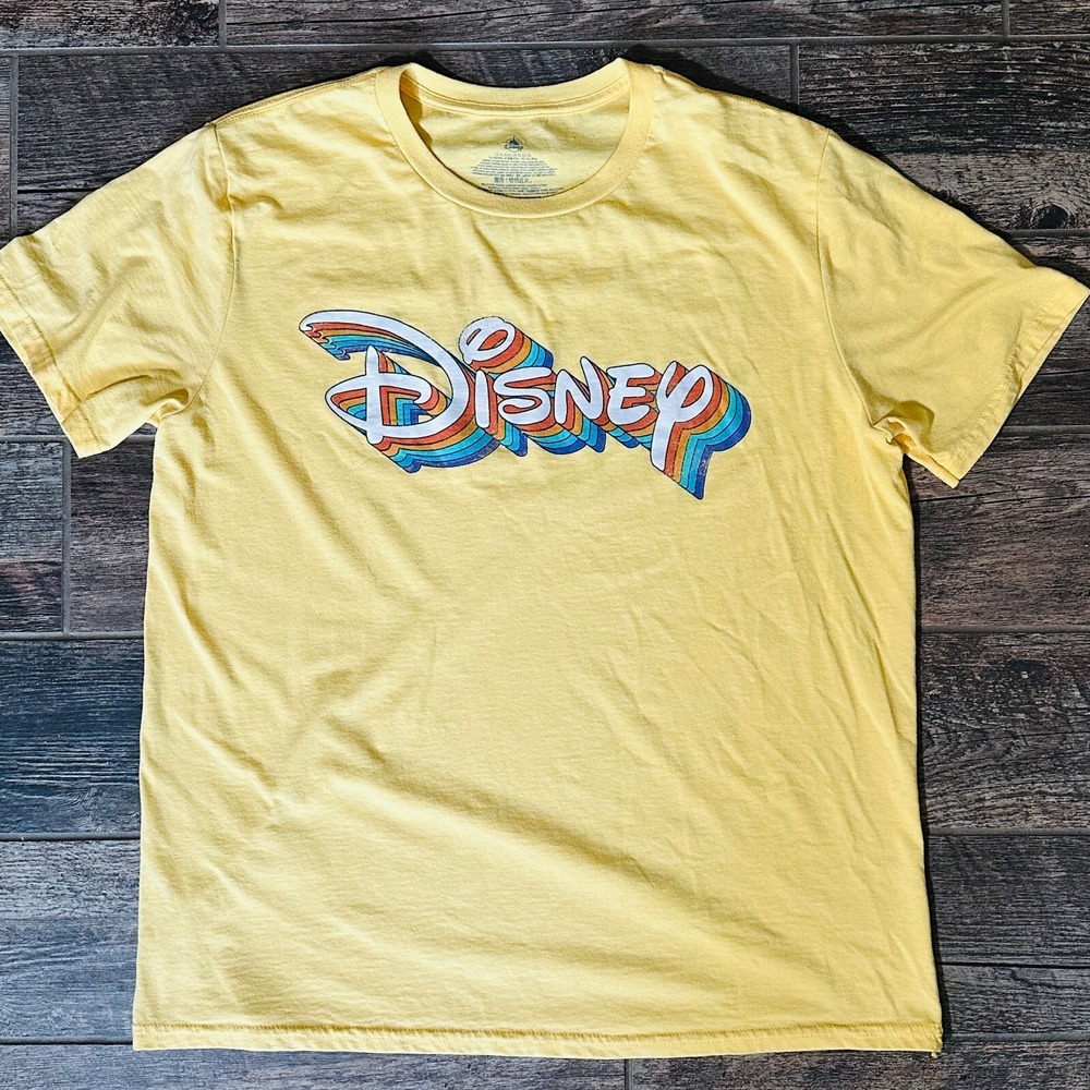 Retro Disney Graphic T- Shirt XL Yellow 70s Style Vibrant Rainbow